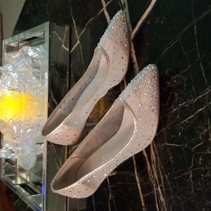 Women's embellished mesh mid heels
